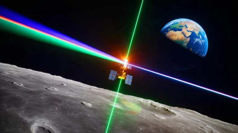 Illustration of China's laser targeting a Moon-orbiting satellite during daylight.