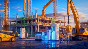 Illustration of hydrogen fuel cells powering a sustainable construction site.