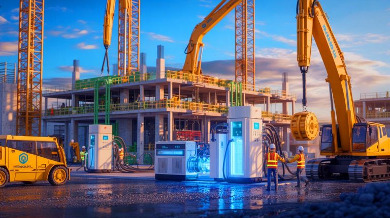 Illustration of hydrogen fuel cells powering a sustainable construction site.