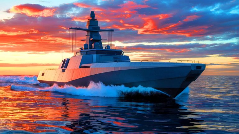 Illustration of the AIRCAT Bengal MC, a cutting-edge autonomous naval vessel revolutionizing maritime defense technology.