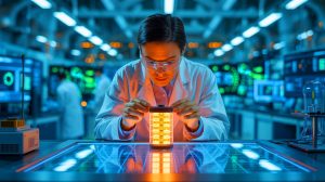 Illustration of Japanese scientists innovating with rechargeable batteries made from depleted uranium.