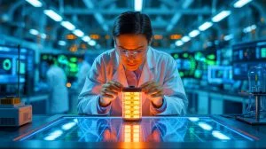 Illustration of Japanese scientists innovating with rechargeable batteries made from depleted uranium.