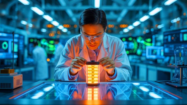 Illustration of Japanese scientists innovating with rechargeable batteries made from depleted uranium.