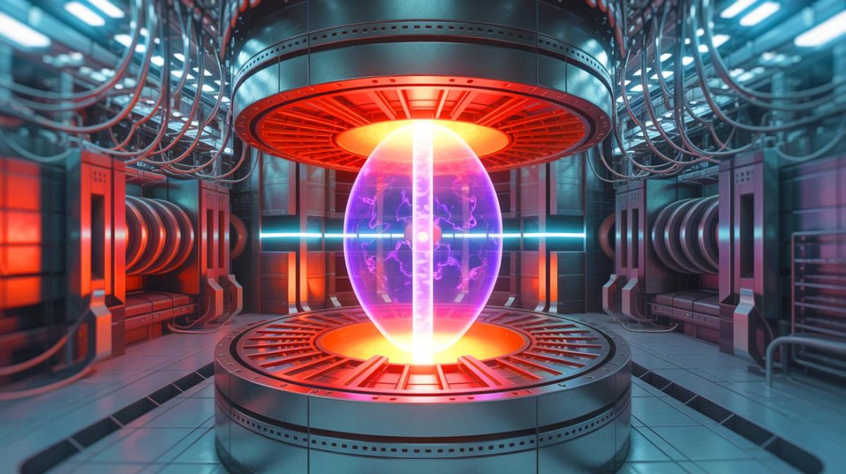 Illustration of China's EAST reactor achieving a milestone in nuclear fusion research.