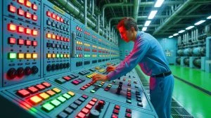 Illustration of a technician at the Golfech nuclear power plant managing a critical cooling valve.
