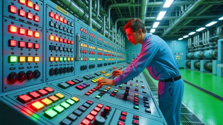 Illustration of a technician at the Golfech nuclear power plant managing a critical cooling valve.