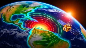 Illustration of the South Atlantic Anomaly impacting Earth's magnetic field and space technology.