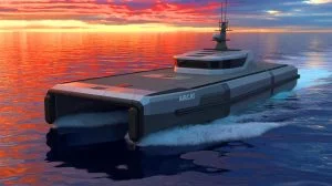 Illustration of the AIRCAT Bengal MC autonomous naval vessel in action.