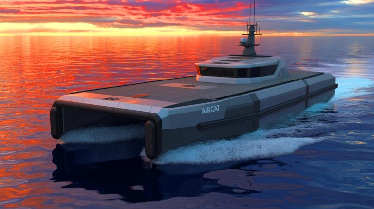 Illustration of the AIRCAT Bengal MC autonomous naval vessel in action.