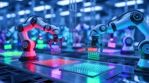 Illustration of a self-driving laboratory using robots and artificial intelligence for quantum dot research.