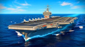 “Warship Stuns with 100-Foot Towering Guns”: World’s Biggest Naval Behemoth Sparks Global Debate on Military Power and Safety Concerns Illustration of the USS Gerald R. Ford aircraft carrier at sea.