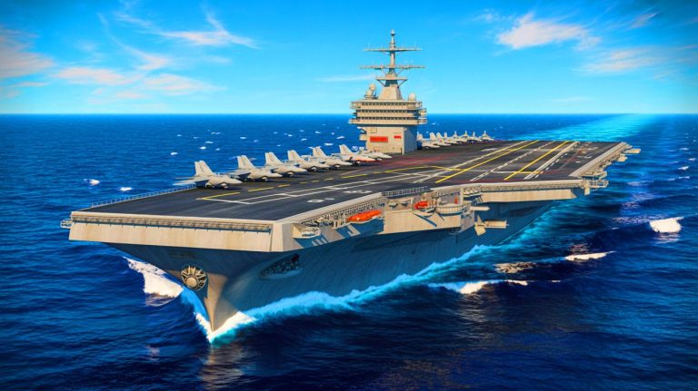 “Warship Stuns with 100-Foot Towering Guns”: World’s Biggest Naval Behemoth Sparks Global Debate on Military Power and Safety Concerns Illustration of the USS Gerald R. Ford aircraft carrier at sea.