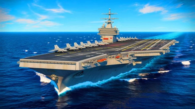 “Warship Stuns with 100-Foot Towering Guns”: World’s Biggest Naval Behemoth Sparks Global Debate on Military Power and Safety Concerns Illustration of the USS Gerald R. Ford aircraft carrier at sea.