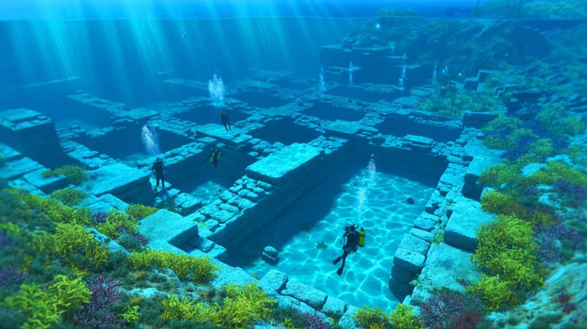 Illustration of archaeologists uncovering a 2,000-year-old underwater port in Asini, Greece.