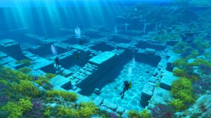 Illustration of archaeologists uncovering a 2,000-year-old underwater port in Asini, Greece.