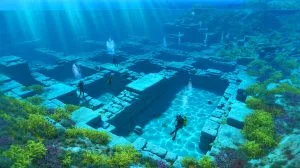 Illustration of archaeologists uncovering a 2,000-year-old underwater port in Asini, Greece.