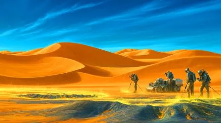 Illustration of a colossal uranium discovery in the Ordos Desert impacting global energy dynamics.