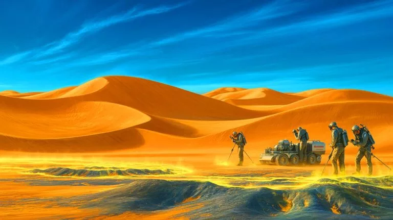 Illustration of a colossal uranium discovery in the Ordos Desert impacting global energy dynamics.