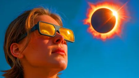 Illustration of people using solar eclipse glasses to safely view a solar eclipse.