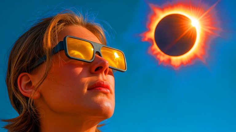 Illustration of people using solar eclipse glasses to safely view a solar eclipse.