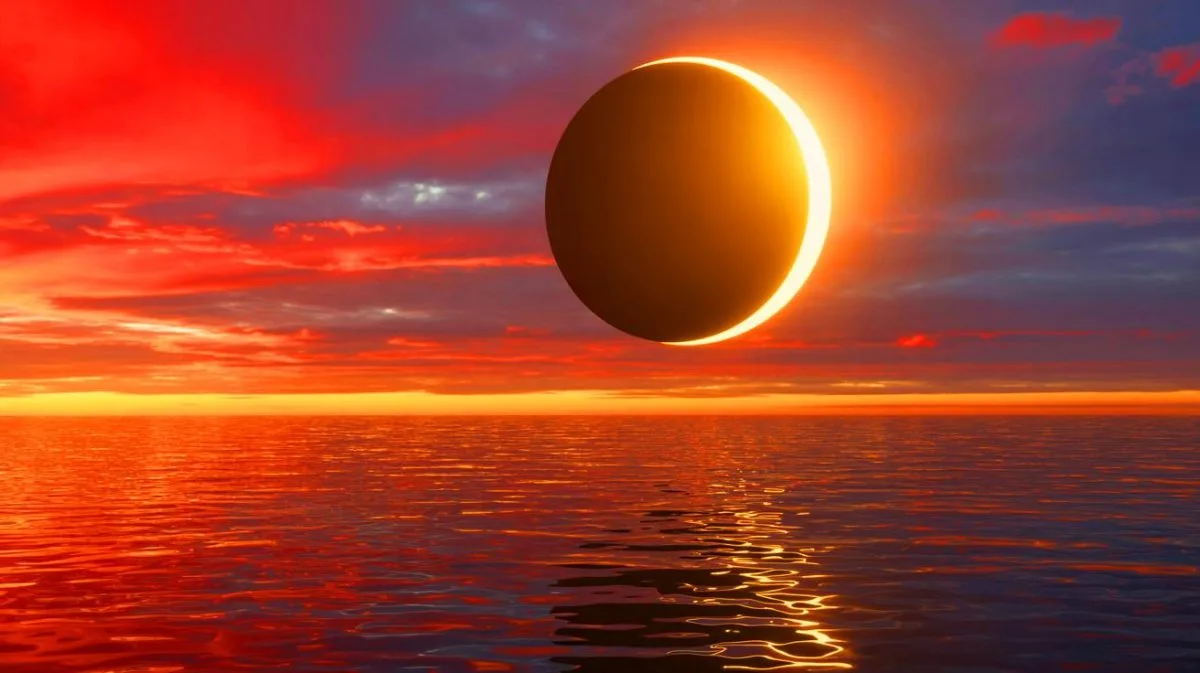 Illustration of a partial solar eclipse occurring in the Southern Hemisphere.