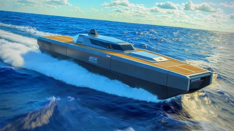Illustration of the AIRCAT Bengal MC, a 44-ton AI-driven warship revolutionizing naval warfare with speed and autonomy.