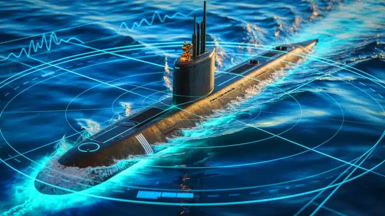 Illustration of a submarine navigating through underwater terrain while being tracked by an advanced AI-driven system.