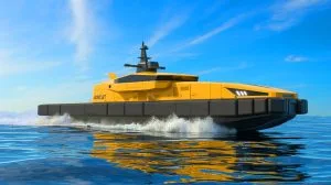 Illustration of the AIRCAT Bengal MC autonomous vessel with advanced missile-launch capabilities and modular design.