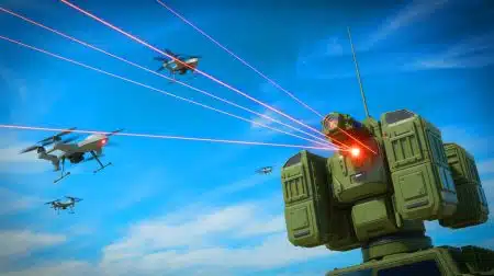 Illustration of the Apollo High Energy Laser Weapon targeting drones.