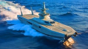 Illustration of the AIRCAT Bengal MC, a 44-ton autonomous warship equipped with advanced weaponry and autonomous navigation.