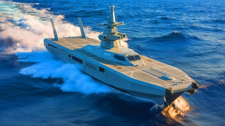 Illustration of the AIRCAT Bengal MC, a 44-ton autonomous warship equipped with advanced weaponry and autonomous navigation.