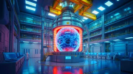 Illustration of China's Experimental Advanced Superconducting Tokamak achieving a world record in nuclear fusion research.