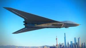 Illustration of China's new unmanned stealth fighter drone, the Unmanned Air Superiority Fighter, showcased during a military parade.