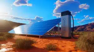 Illustration of a hydrogen fuel cell powered by solar energy.