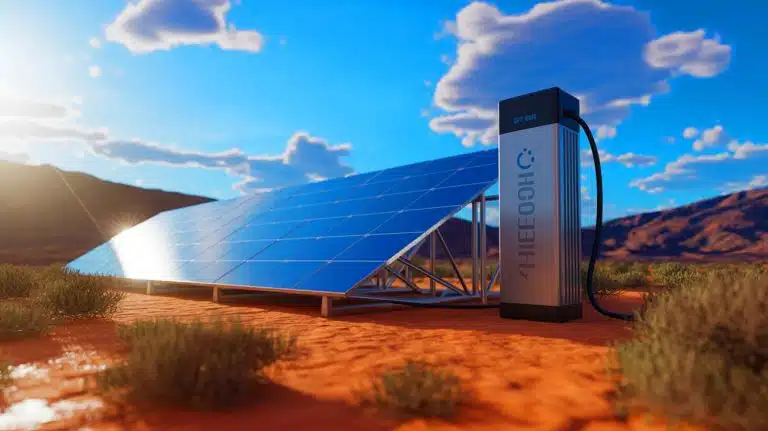 Illustration of a hydrogen fuel cell powered by solar energy.