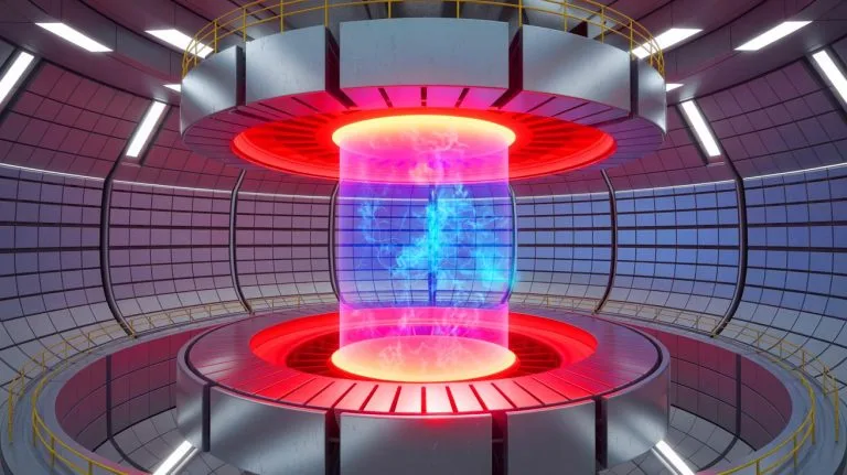 Illustration of China's Experimental Advanced Superconducting Tokamak (EAST) achieving record-breaking plasma temperatures.