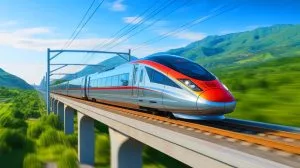 Illustration of the CR450 train, the world's fastest bullet train, reaching a top speed of 280 mph during its inaugural journey in China.