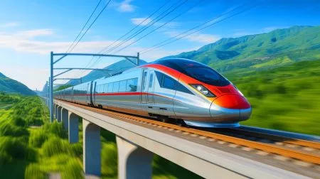Illustration of the CR450 train, the world's fastest bullet train, reaching a top speed of 280 mph during its inaugural journey in China.