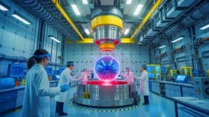 Illustration of Chinese scientists achieving a world record in superconducting magnet technology.