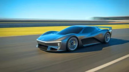 Illustration of BYD's YANGWANG U9 electric supercar breaking the speed record at the ATP Automotive Testing Papenburg track.
