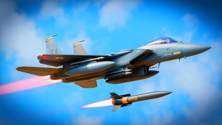 Illustration of an F-15E Strike Eagle firing an air-to-air optimized laser-guided APKWS II rocket.