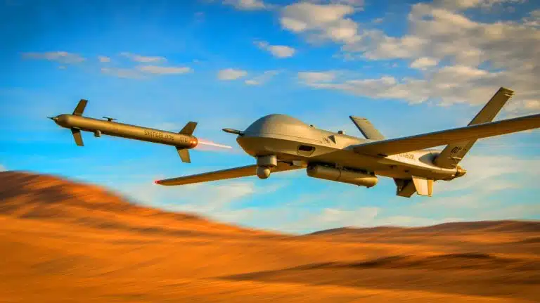 Illustration of the Switchblade 600 loitering munition being launched from a General Atomics MQ-9A unmanned aircraft.