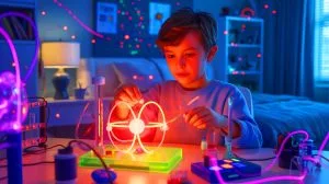 Illustration of a young scientist conducting a nuclear fusion experiment in a bedroom.