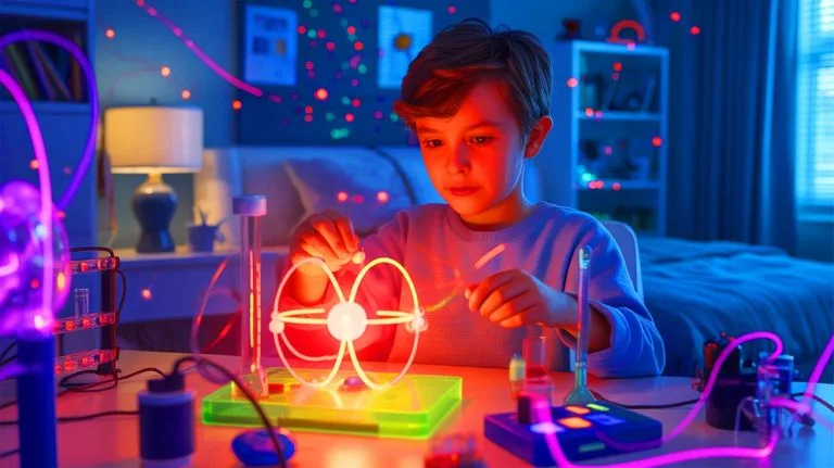 Illustration of a young scientist conducting a nuclear fusion experiment in a bedroom.