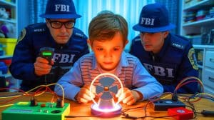 Illustration of a young scientist achieving nuclear fusion in his bedroom, prompting an FBI visit.