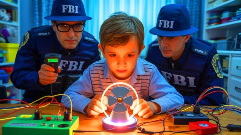 “They Woke Me Up With Geiger Counters”: FBI Storms 12-Year-Old’s Nuclear Lab While Parents Watch Government Agents Scan Everything Illustration of a young scientist achieving nuclear fusion in his bedroom, prompting an FBI visit.