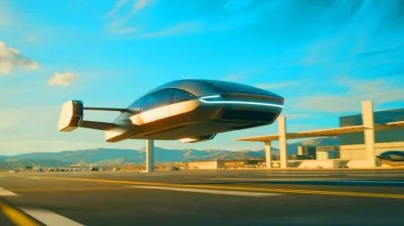 Illustration of the Alef Aeronautics Model A flying car, showcasing its dual capabilities of driving and vertical takeoff.