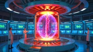 Illustration of France's WEST tokamak achieving a new plasma duration record in nuclear fusion research.