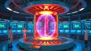 Illustration of France's WEST tokamak achieving a new plasma duration record in nuclear fusion research.