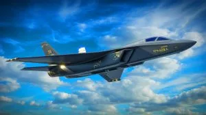 Illustration of the YFQ-42A Collaborative Combat Aircraft during its inaugural flight developed by the U.S. Air Force and GA-ASI.